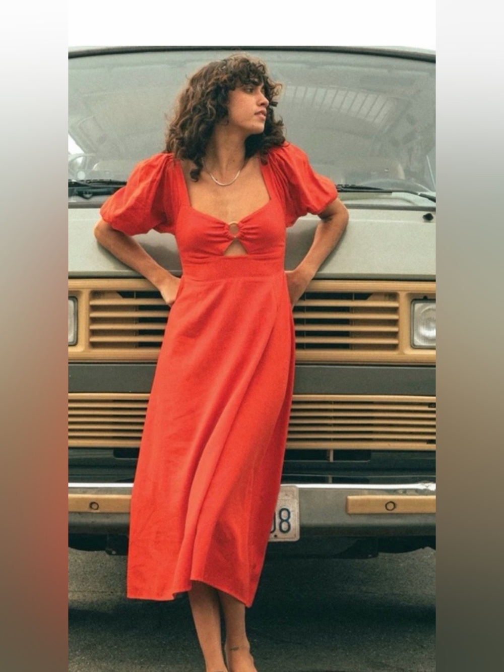 Billabong Red Puff-Sleeve Maxi Dress with Knot Detail medium